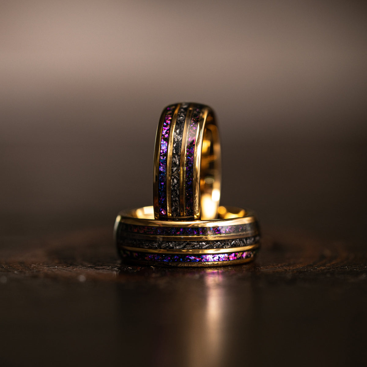 "Dionysus" Domed Nebula Ring- Meteorite and Opal- Gold 6mm/8mm