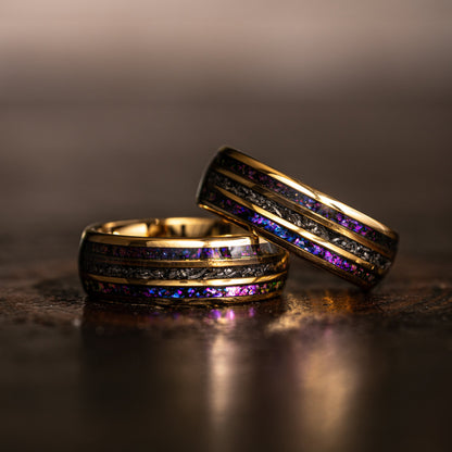 "Dionysus" Domed Nebula Ring- Meteorite and Opal- Gold 6mm/8mm