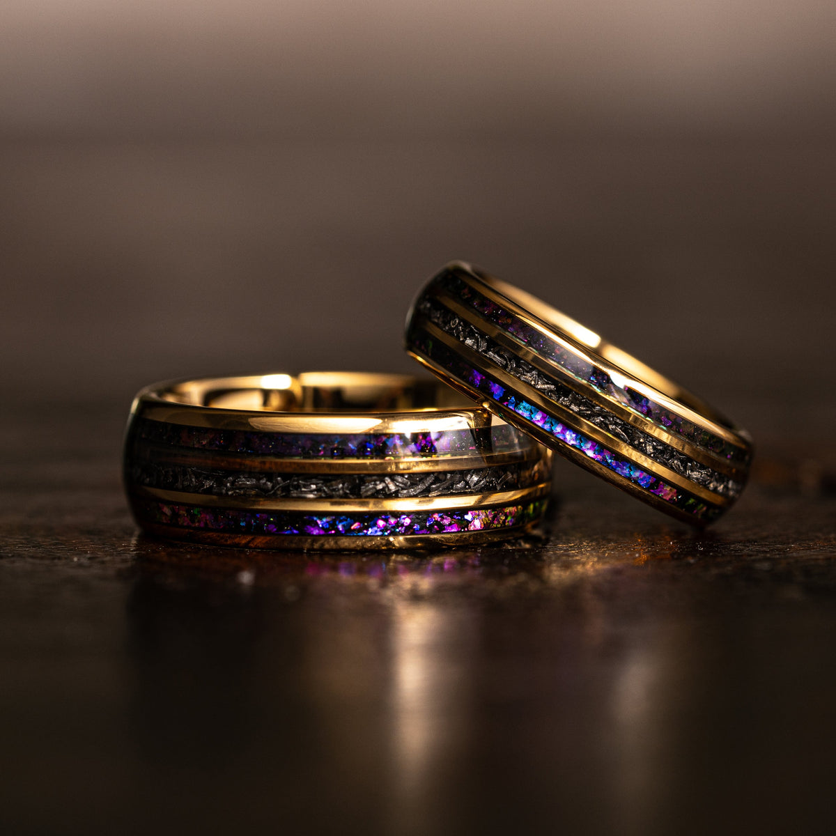 "Dionysus" Domed Nebula Ring- Meteorite and Opal- Gold 6mm/8mm