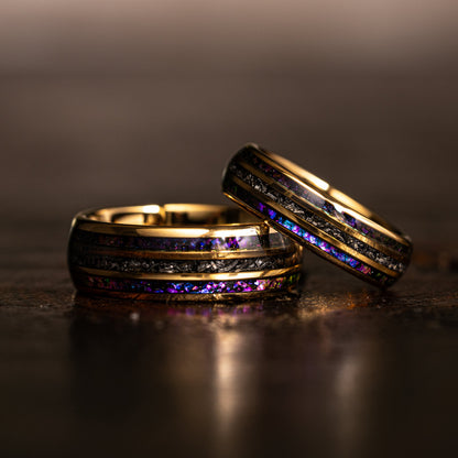 "Dionysus" Domed Nebula Ring- Meteorite and Opal- Gold 6mm/8mm