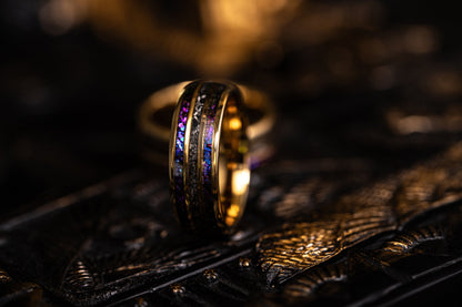 "Dionysus" Domed Nebula Ring- Meteorite and Opal- Gold 6mm/8mm