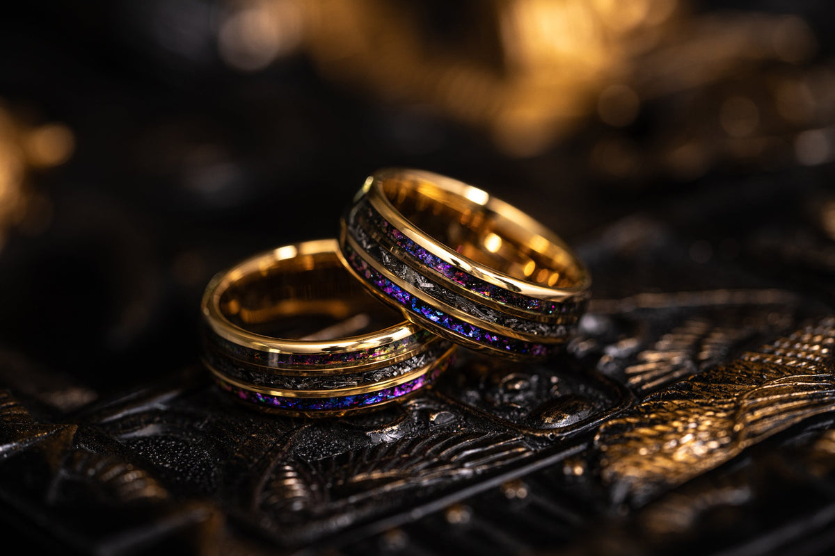 "Dionysus" Domed Nebula Ring- Meteorite and Opal- Gold 6mm/8mm