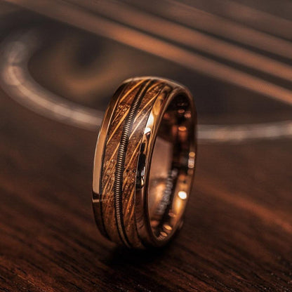 "Dionysus"  Whisky Barrel Wood x Guitar String Ring- Rose Gold Tungsten