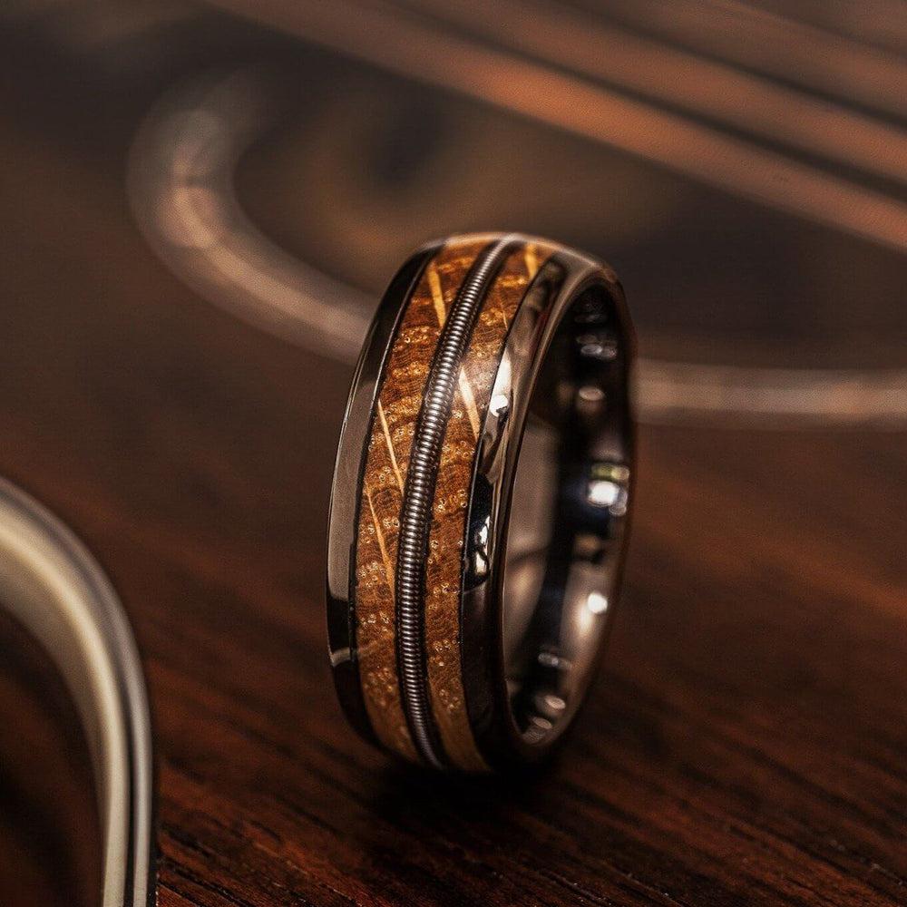"Dionysus"  Whisky Barrel Wood x Guitar String Ring- Gunmetal Tungsten