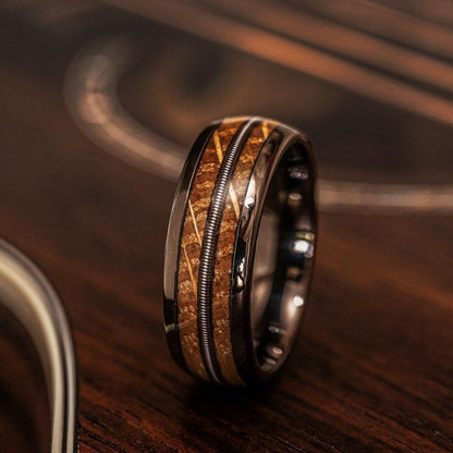 "Dionysus"  Whisky Barrel Wood x Guitar String Ring- Gunmetal Tungsten