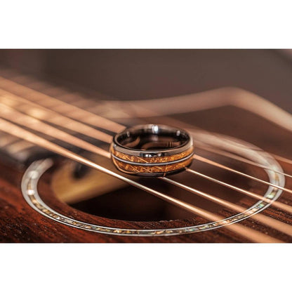 "Dionysus"  Whisky Barrel Wood x Guitar String Ring- Gunmetal Tungsten