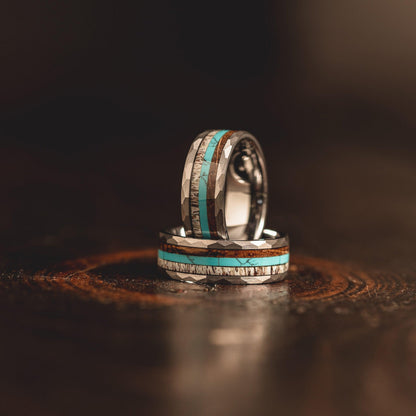 "Zeus" Hammered Ring- Silver with Charred Whiskey Barrel, Turquoise and Antler