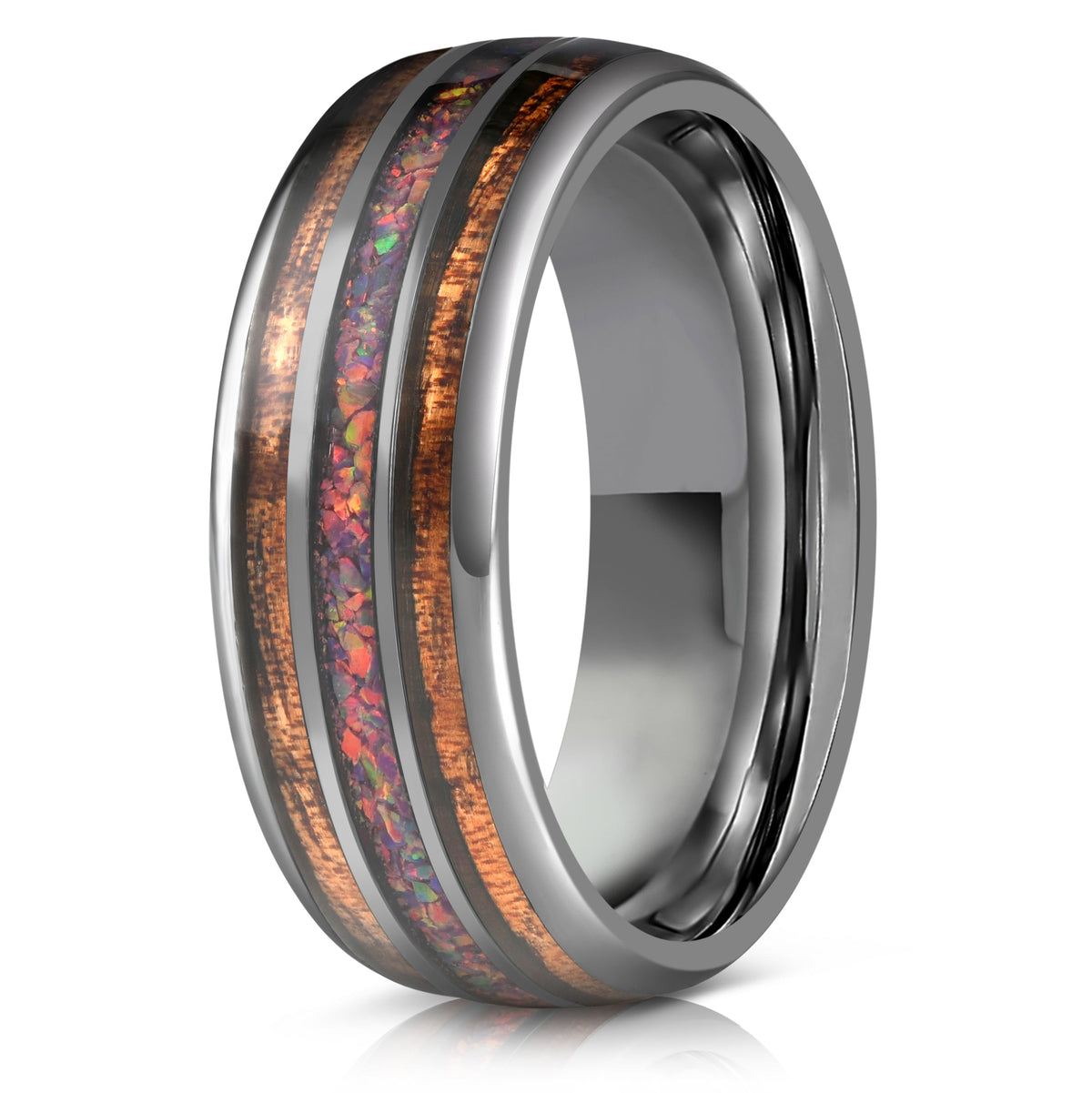 "Dionysus"  Koa x Purple Galactic Opal Gunmetal Tungsten Ring