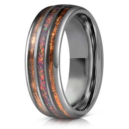 "Dionysus"  Koa x Purple Galactic Opal Gunmetal Tungsten Ring