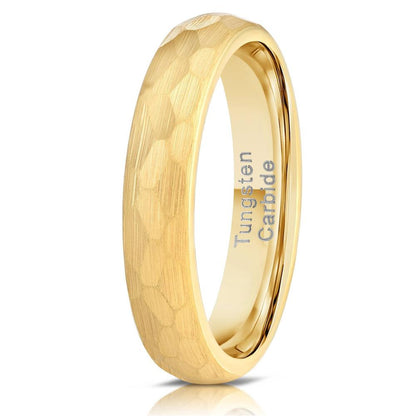 "Zeus" Womens Hammered Tungsten Carbide Ring- Yellow Gold Plate- 4mm