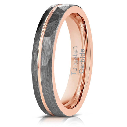 "Zeus" Womens Hammered Tungsten Carbide Ring- White Gold w/ Rose Gold Strip- 4mm