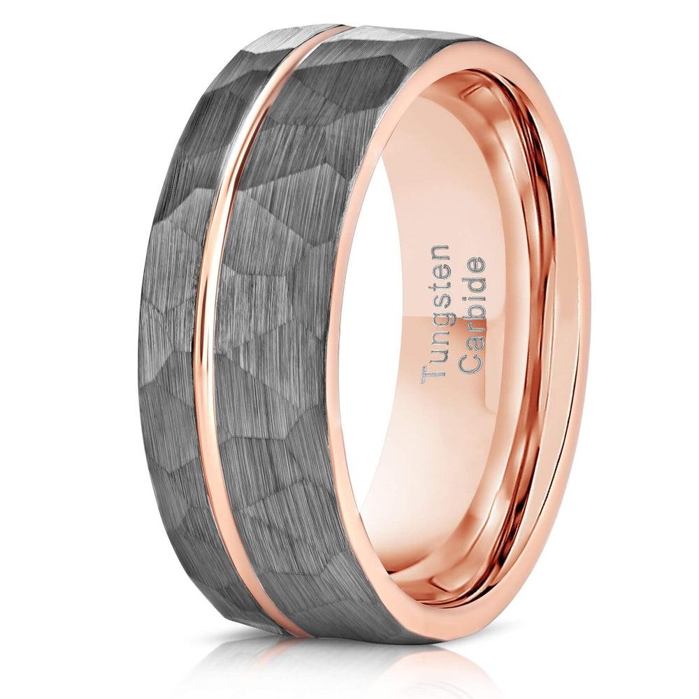 "Zeus" Hammered Tungsten Carbide Ring- White Gold w/ Rose Gold Strip- 6mm/8mm