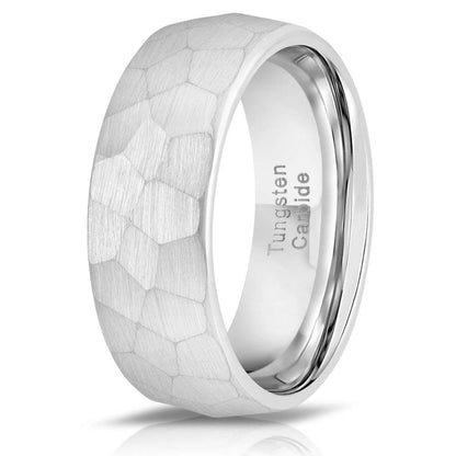 "Zeus" Hammered Tungsten Carbide Ring- White Gold Plate- 8mm