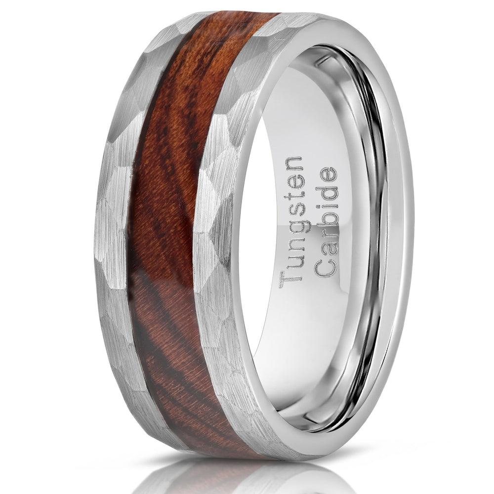 "Zeus" Hammered Tungsten Carbide Ring- Silver with Desert Ironwood