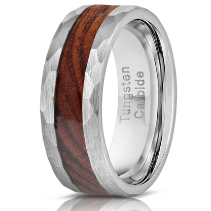 "Zeus" Hammered Tungsten Carbide Ring- Silver with Desert Ironwood