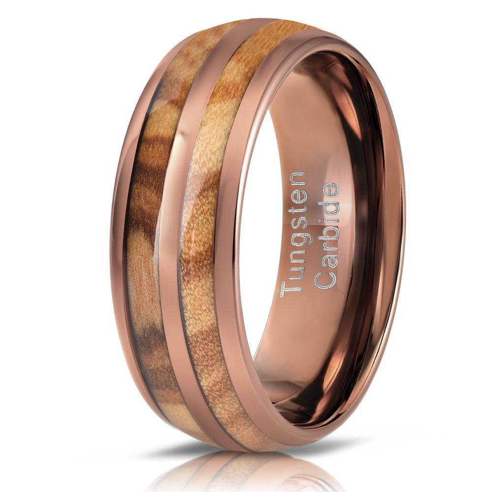 "Dionysus"  Olive Wood Double Barrel Rose Gold Tungsten Ring