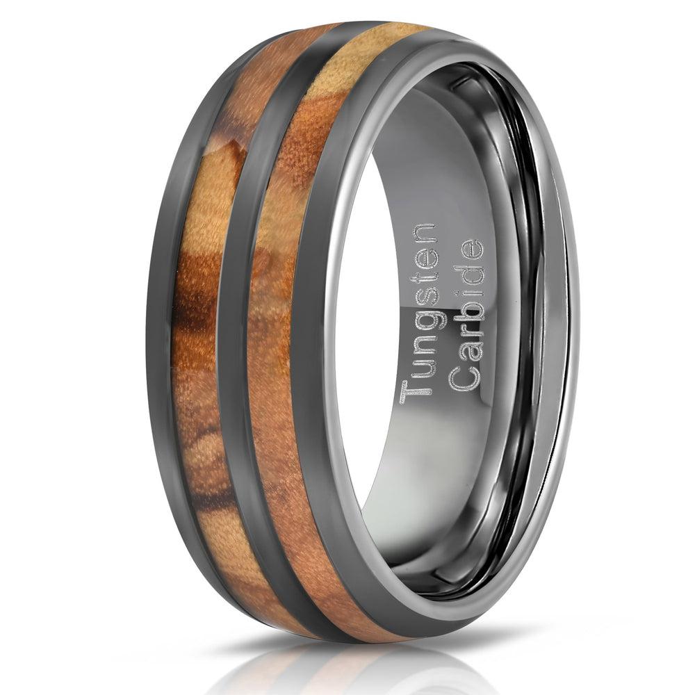 "Dionysus"  Olive Wood Double Barrel Gunmetal Tungsten Ring