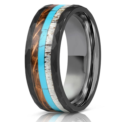"Zeus" Hammered Ring- Black with Charred Whiskey Barrel, Turquoise and Antler