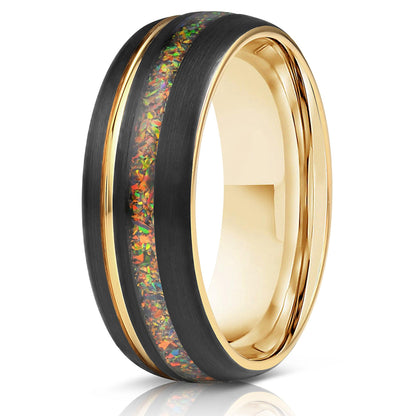 "Dionysus"  Black x Rasta Opal Yellow Gold Tungsten Ring