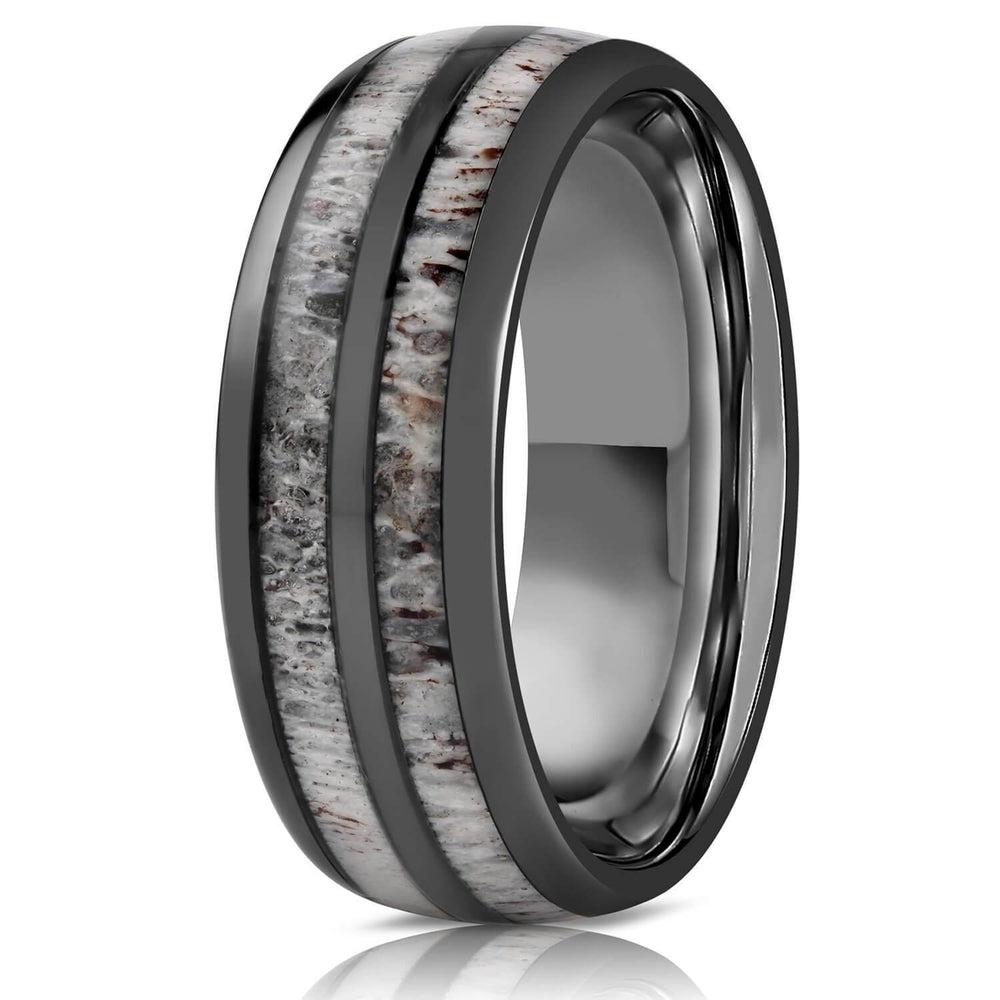 "Dionysus"  Double Barrel Naturally Shed Antler Gunmetal Tungsten Ring- Domed