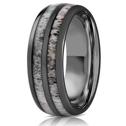 "Dionysus"  Double Barrel Naturally Shed Antler Gunmetal Tungsten Ring- Domed