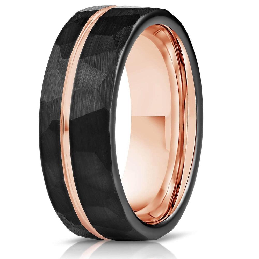 "Zeus" Hammered Tungsten Carbide Ring- Black w/ Rose Gold Strip- 6mm/8mm