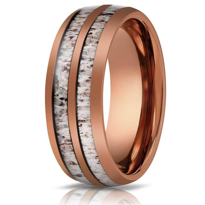 "Dionysus"  Double Barrel Naturally Shed Antler Rose Gold Tungsten Ring- Domed