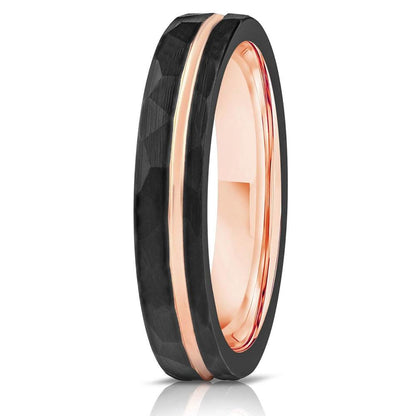 "Zeus" Womens Hammered Tungsten Carbide Ring- Black w/ Rose Gold Strip- 4mm
