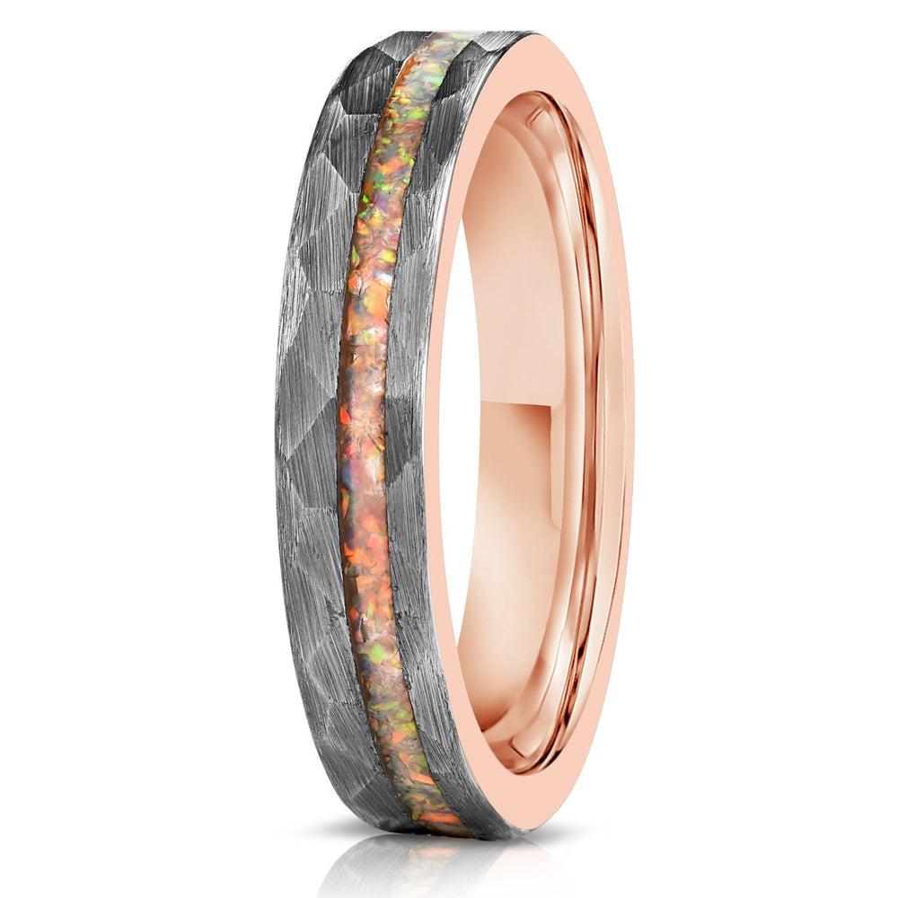 "Zeus" Womens Hammered Tungsten Carbide Ring- White Gold w/ Opal Inlay- 4mm