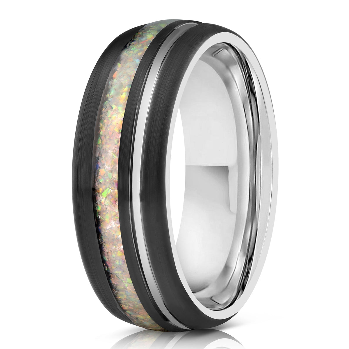 "Dionysus"  Black x Fire Opal White Gold Tungsten Ring