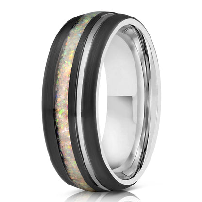 "Dionysus"  Black x Fire Opal White Gold Tungsten Ring