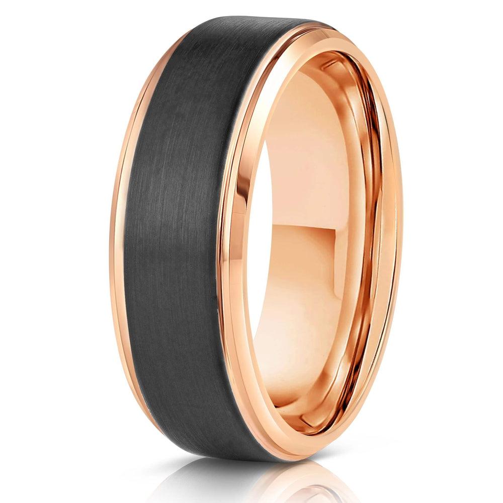 "Apollo" Tungsten Carbide Ring- Black w/ Rose Gold Strip- 8mm