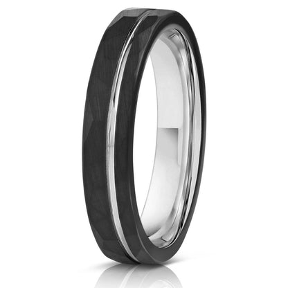 "Zeus" Womens Hammered Tungsten Carbide Ring- Black w/ White Gold Strip- 4mm