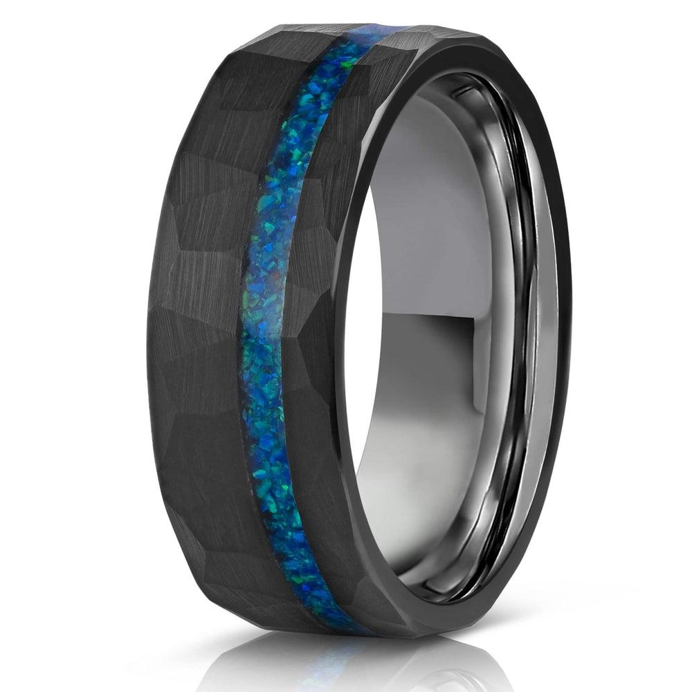"Zeus" Hammered Tungsten Carbide Ring- Black w/ Blue Opal Strip- 8mm
