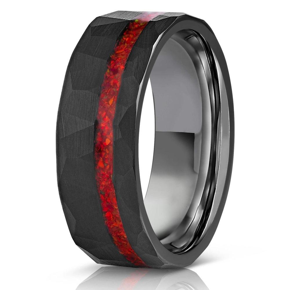 "Zeus" Hammered Tungsten Carbide Ring- Black w/ Red Opal Strip- 8mm
