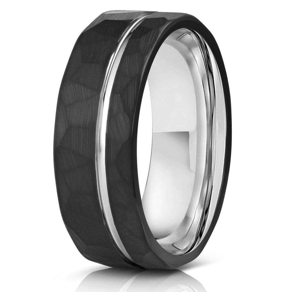 "Zeus" Hammered Tungsten Carbide Ring- Black w/ White Gold Strip- 6mm/8mm