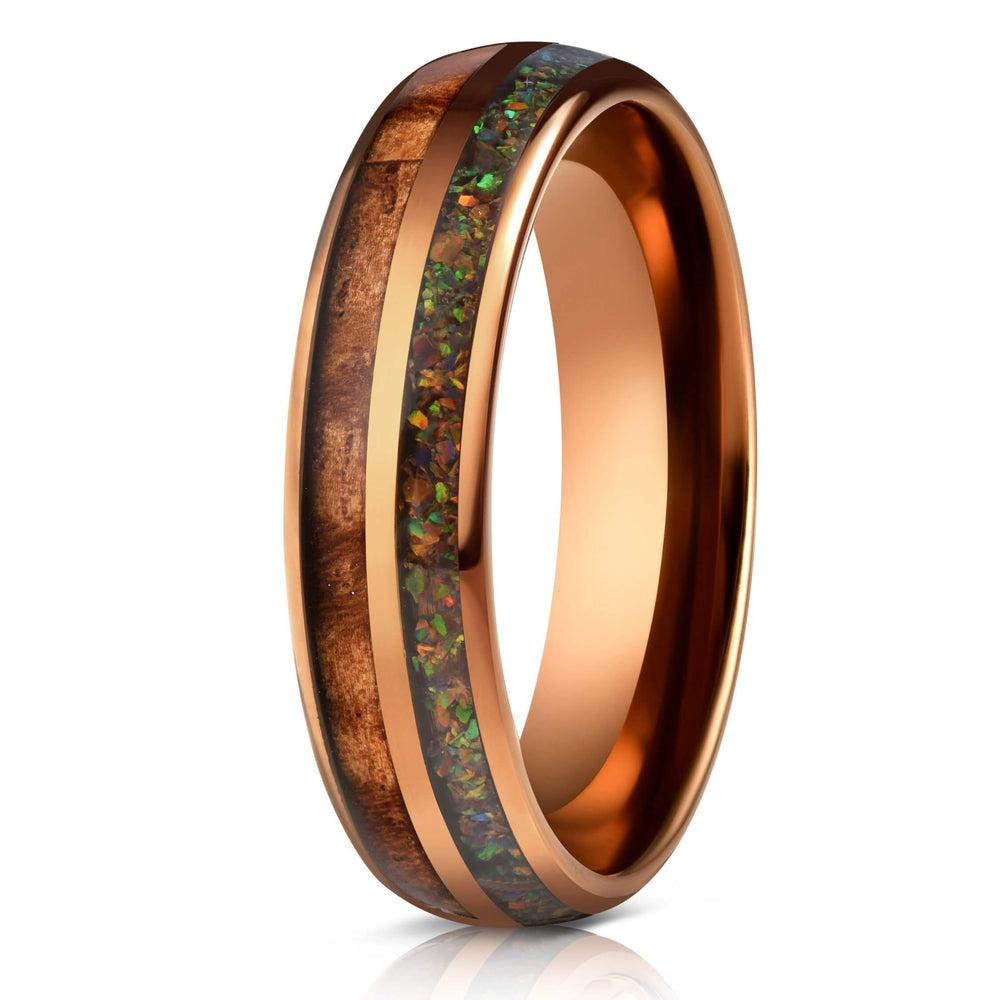"Dionysis" Womens Tungsten Carbide Ring- Smoked Rose Gold X Rasta Opal- 5mm