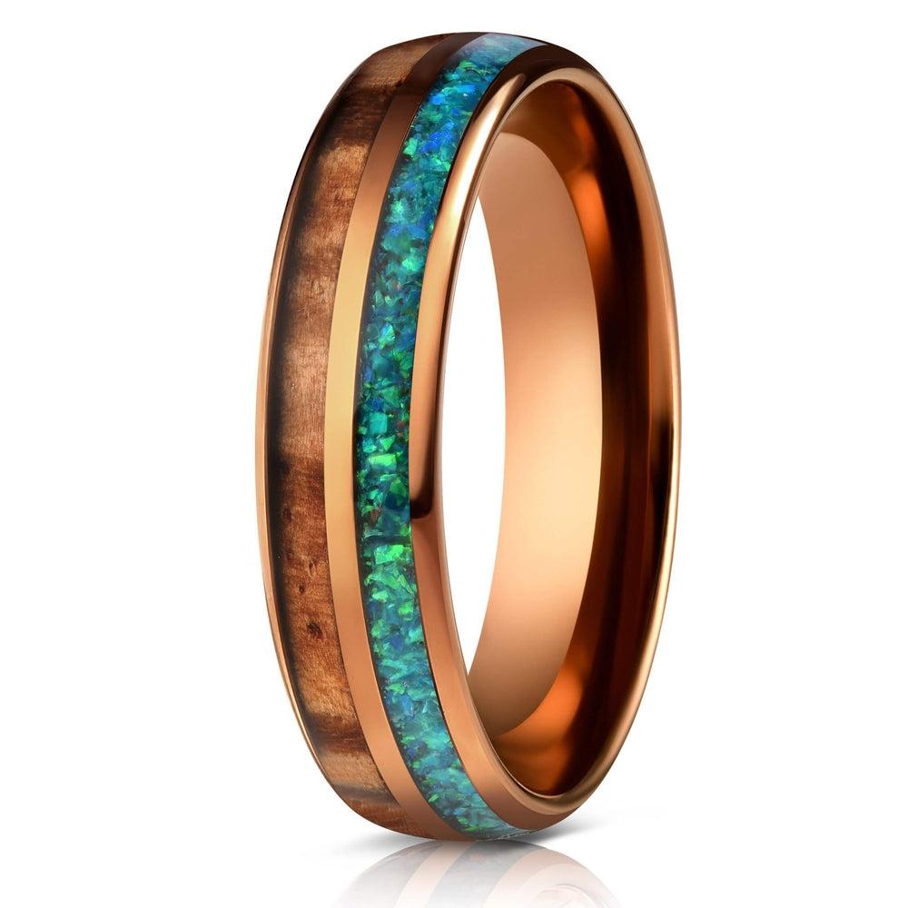"Dionysis" Womens Tungsten Carbide Ring- Smoked Rose Gold X Blue/Green Opal- 5mm