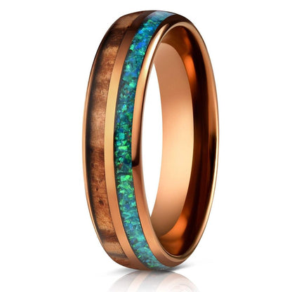 "Dionysis" Womens Tungsten Carbide Ring- Smoked Rose Gold X Blue/Green Opal- 5mm