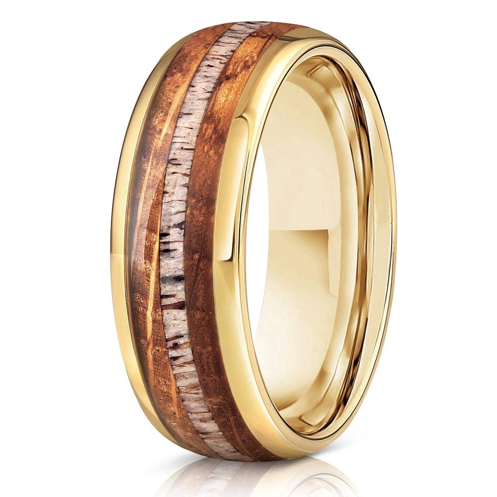 "Dionysus"  Whisky Barrel Wood x Antler Ring- Yellow Gold Tungsten