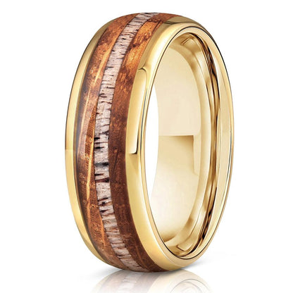 "Dionysus"  Whisky Barrel Wood x Antler Ring- Yellow Gold Tungsten