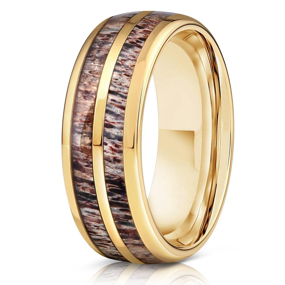 "Dionysus"  Double Barrel Naturally Shed Antler Yellow Gold Tungsten Ring- Domed