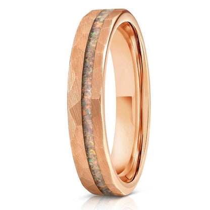 "Zeus" Womens Hammered Tungsten Carbide Ring- Rose Gold w/ Opal Inlay- 4mm