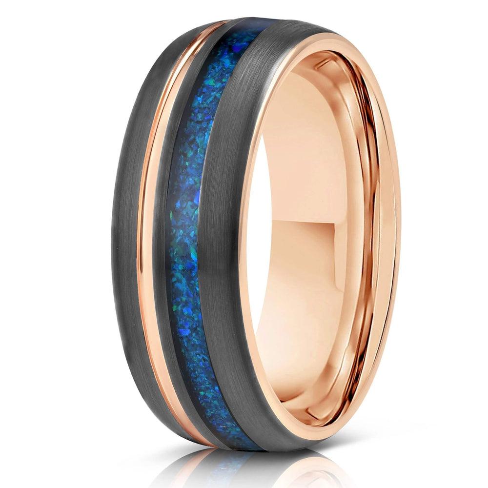 "Dionysus"  Black x Blue Opal Rose Gold Tungsten Ring