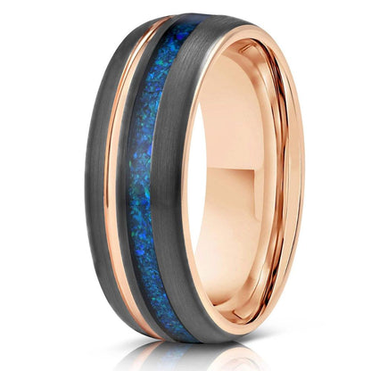 "Dionysus"  Black x Blue Opal Rose Gold Tungsten Ring