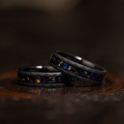 "Zeus" Hammered Dark Nebula Ring- Meteorite and Opal- Black 5mm Womens