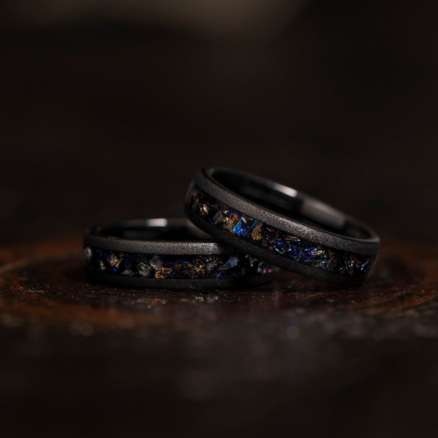"Zeus" Domed Dark Nebula Ring- Meteorite and Opal- Black 5mm Womens