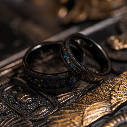 "Zeus" Hammered Dark Nebula Ring- Meteorite and Opal- Black 5mm Womens