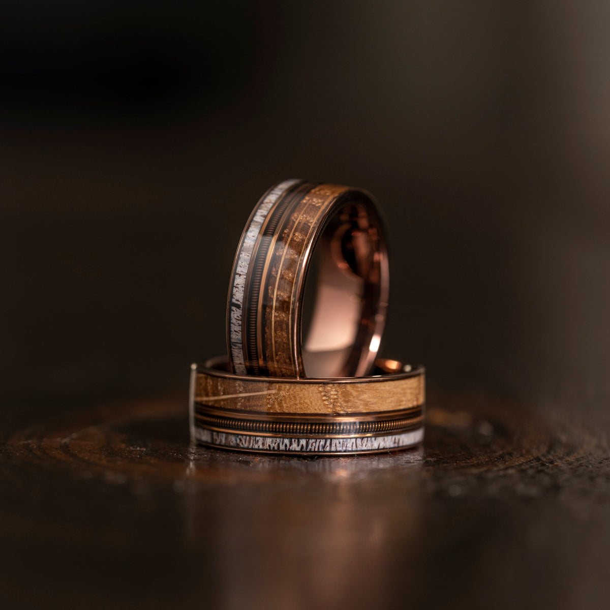 "Dionysus"  Whiskey Barrel Wood x  Antler x Guitar String Ring- Smoked Rose Gold Tungsten