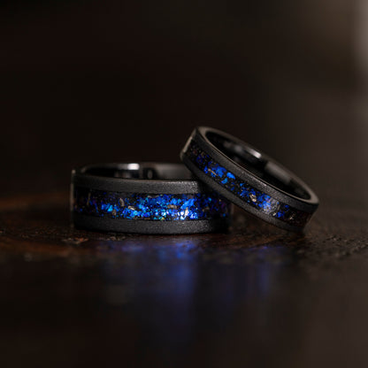 "Zeus" Flat Nebula Ring- Meteorite and Opal- Black 5mm Womens